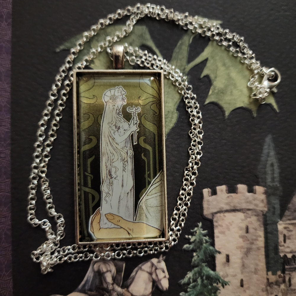 Handmade Glass Framed Art Silvertone Chain With Medieval Art Pendant